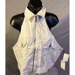 New RVT White Denim Jean Vest Stretch Sexy Layer Moto Vibes Womens PLus XXL 2X
